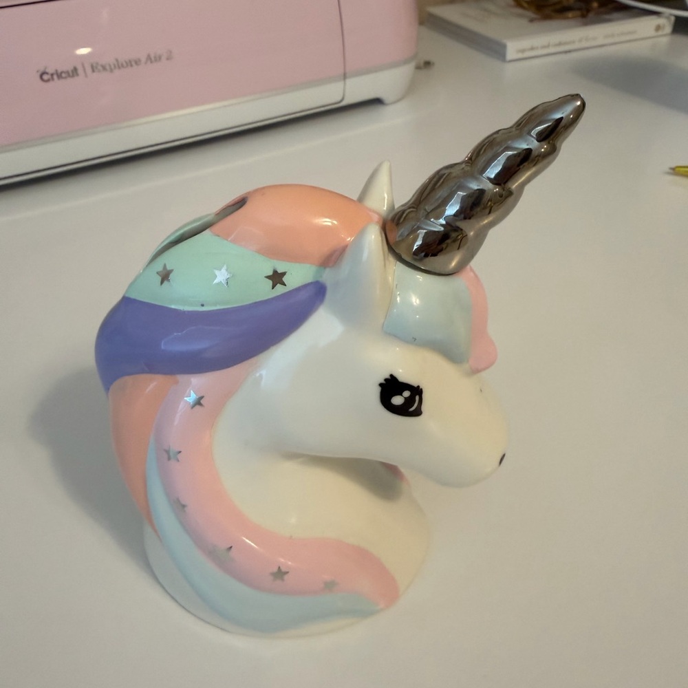Pastel Ceramic Unicorn Head Coin Bank with Silver Horn - Like New